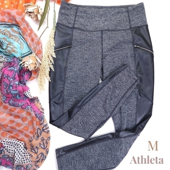 Athleta Grey Black Zippered Leggings Sz M - Picture 1 of 8